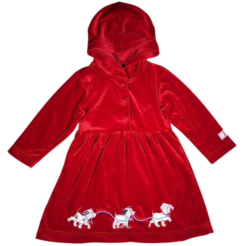 Disney Store 101 Dalmatians Dress Girls Sz 2T Red Velour Hood Embroidered Winter